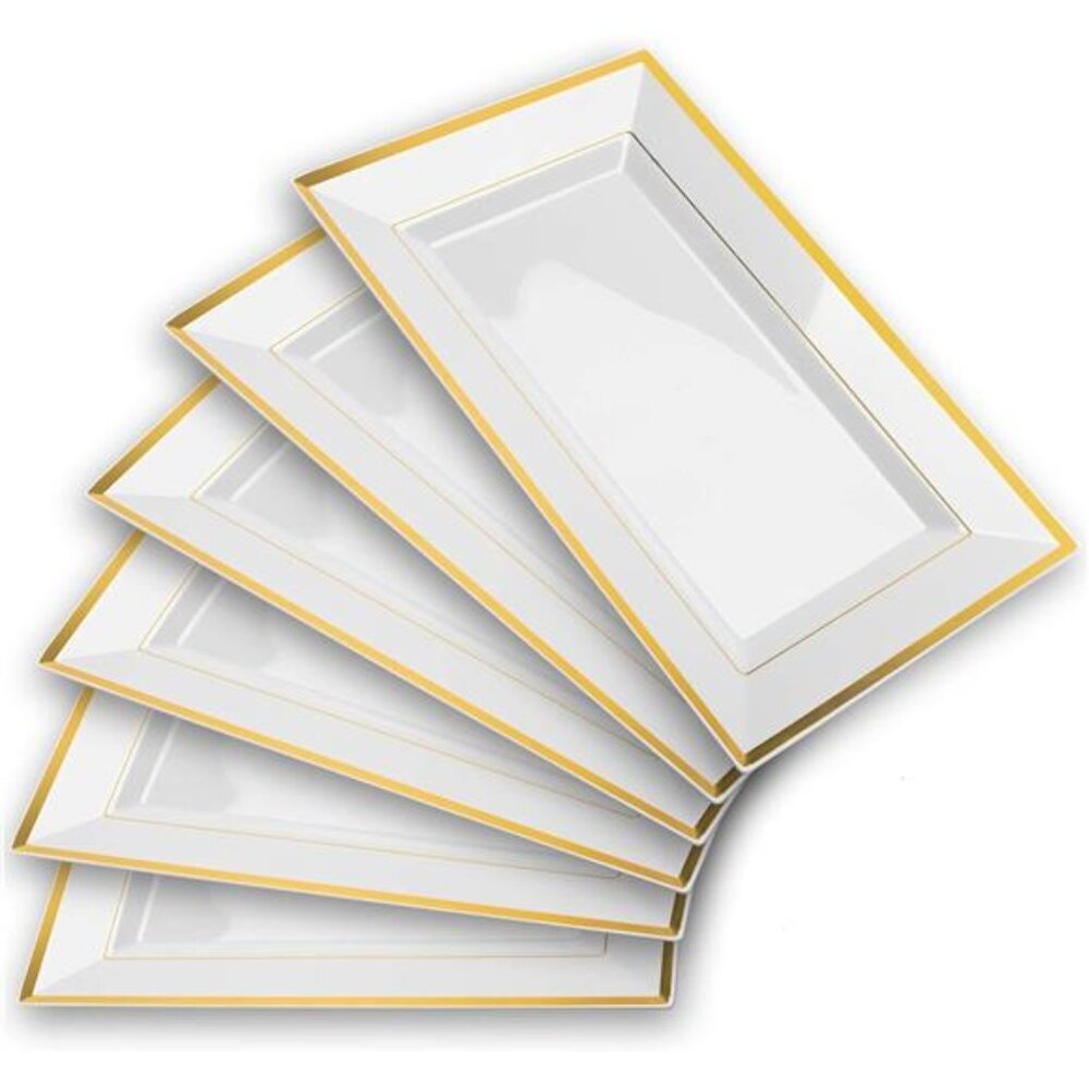 Elegant Plastic Serving Tray & Platter Set (6pk) - White & Gold Rim Serving Tray